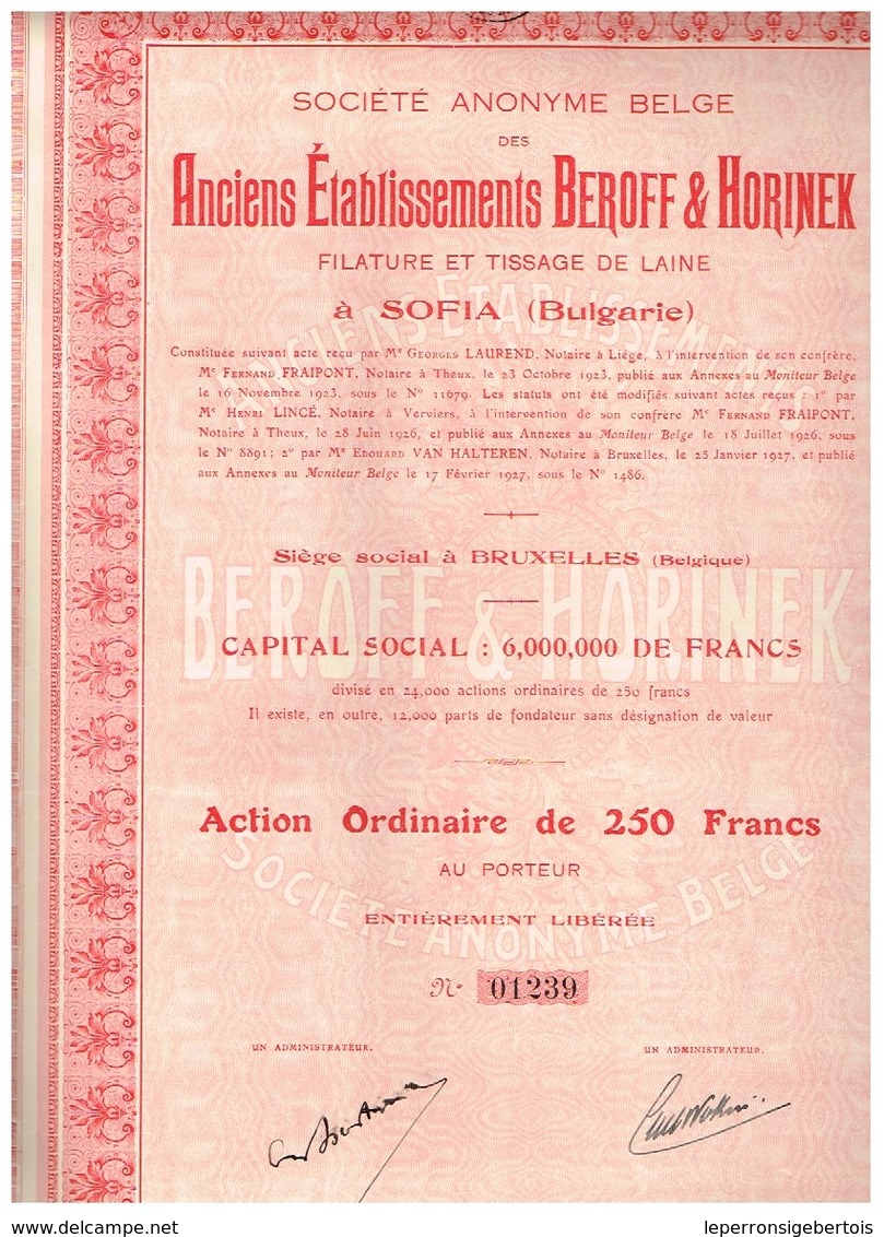 Titre De 1927 - Anciens Etablissements Beroff & Horinek - Filature Et Tissage De Laine à Sofia - - Industrie