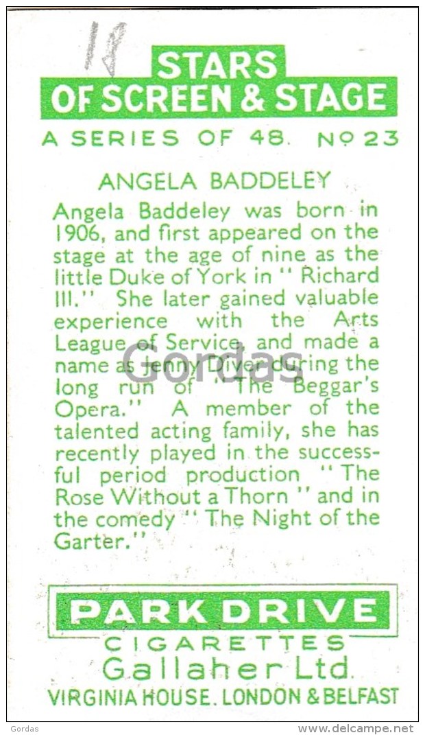 Angela Baddeley - Actress - Movie Star - Park Drive Cigarettes - Gallaher Ltd. - Stars Of Screen &amp; Stage - Attori