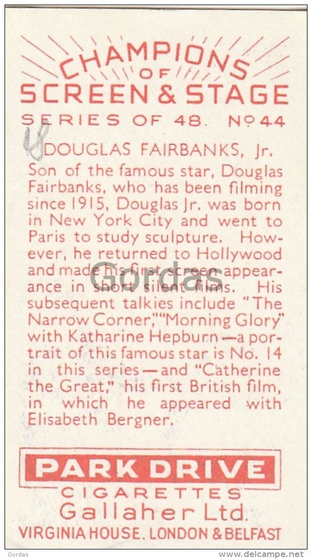 Douglas Fairbanks Jr. - Actor - Movie Star - Park Drive Cigarettes - Gallaher Ltd. - Champions Of Screen &amp; Stage - Attori