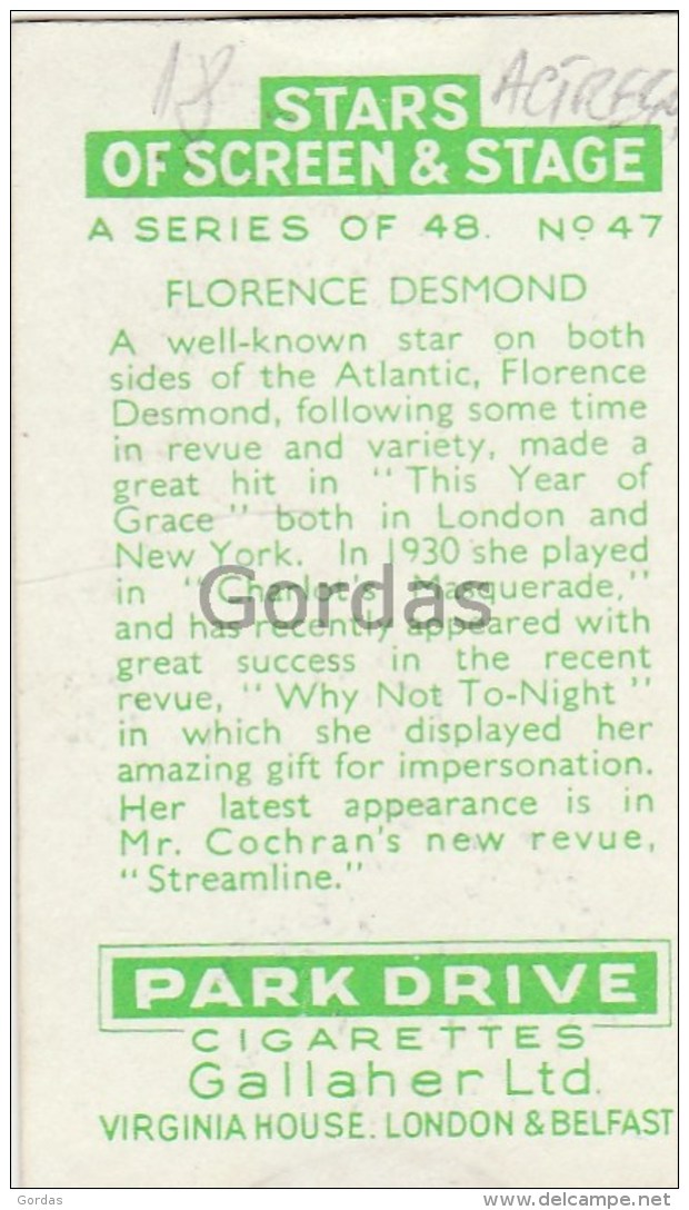 Florence Desmond - Actress - Comedian - Park Drive Cigarettes - Gallaher Ltd. - Stars Of Screen &amp; Stage - Acteurs