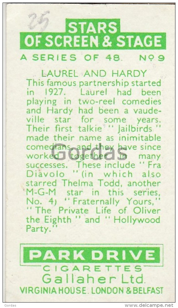Laurel And Hardy - Actor - Comedian - Park Drive Cigarettes - Gallaher Ltd. - Stars Of Screen &amp; Stage - Attori