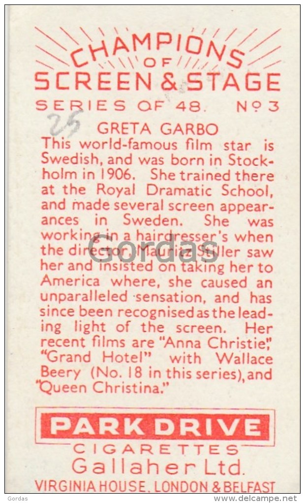 Greta Garbo - Actress - Movie Star - Park Drive Cigarettes - Gallaher Ltd. - Champions Of Screen &amp; Stage - Attori