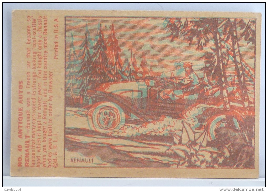 CHROMO Systeme COLLECTOR N° 40 ANTIQUE AUTO VOITURE RENAULT EXPLICATION IMAGE 3D BOWMAN GUM B.G.H.L.I. 1953 U.S.A. - Autos