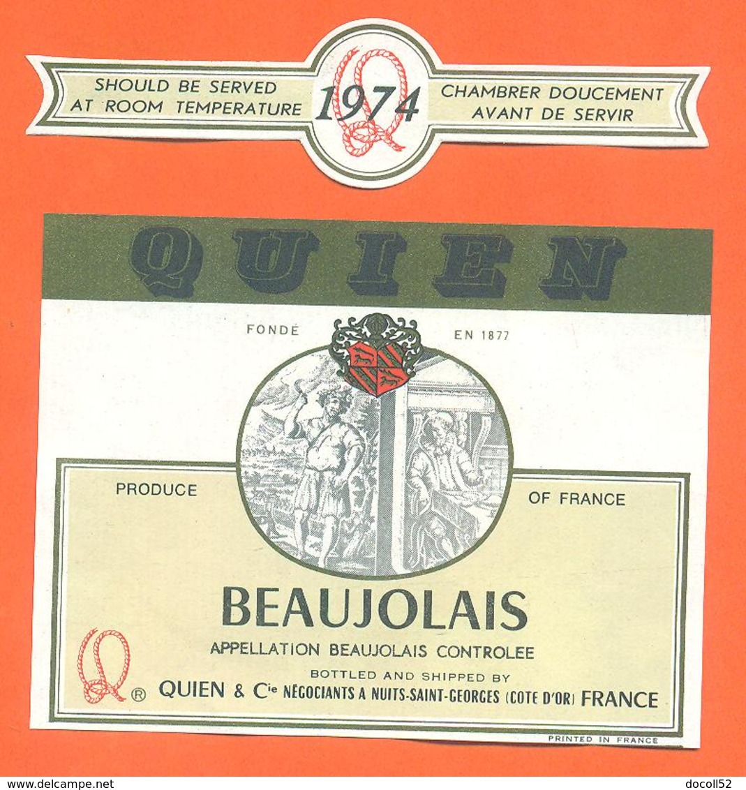 étiquette + Collerette Vin De Beaujolais 1974 Quien Et Cie à Nuits Saint Georges - 73 Cl - Beaujolais