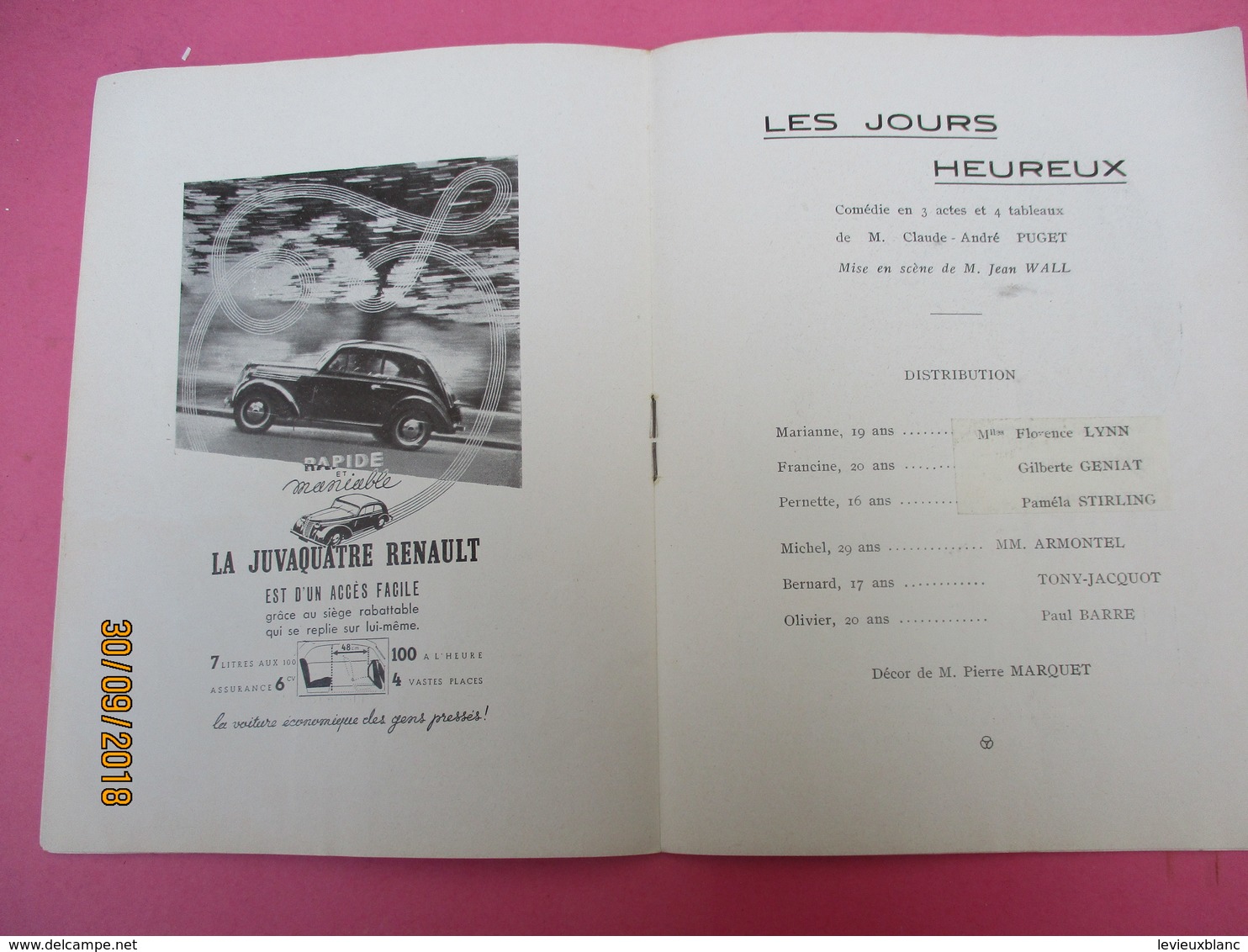 Théatre De PARIS/Volterra/Les Jours Heureux/ Claude André PUGET/Juvaquatre Renault/Saison 1938-1939       PROG191 - Programma's