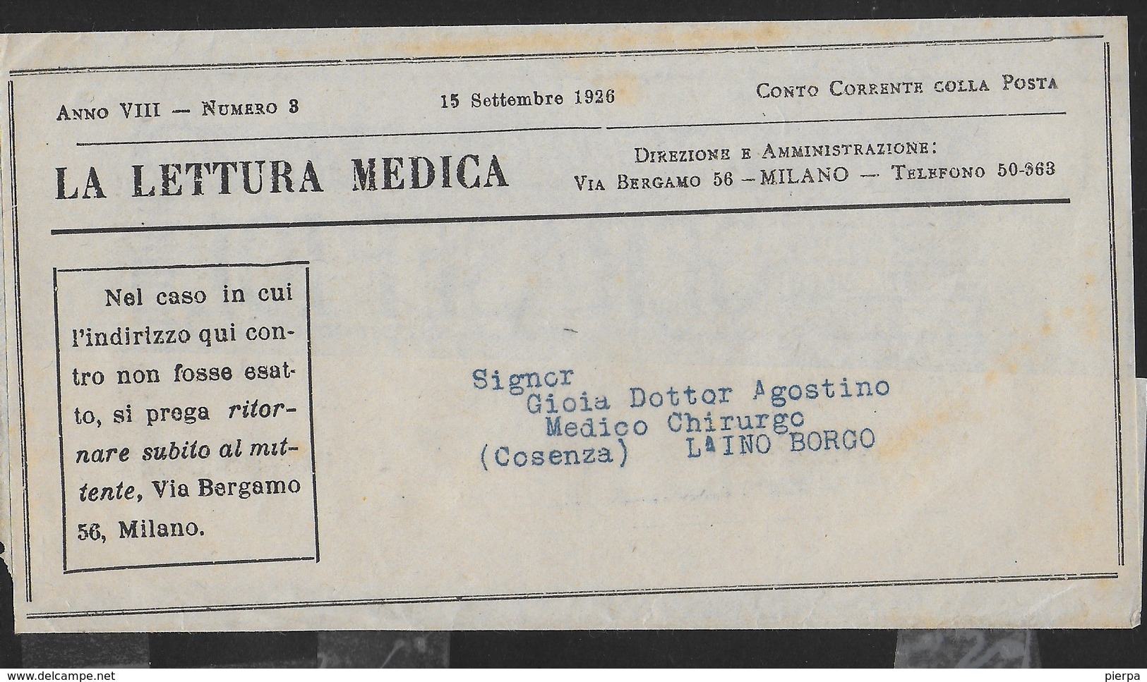 FASCETTA PER RIVISTA LA LETTURA MEDICA 1926 CON AL RETRO PUBBLICITA' MEDICA GERASEPTOL - Pubblicitari