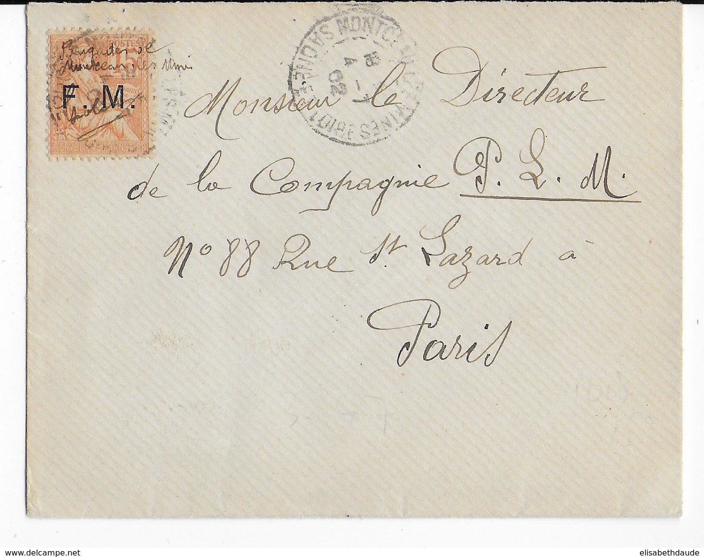 1902 - GENDARMERIE - MOUCHON FM ANNOTATION à La PLUME Du BRIGADIER De MONTCEAU LES MINES (SAONE ET L) ENVELOPPE => PARIS - Cachets Militaires A Partir De 1900 (hors Guerres)