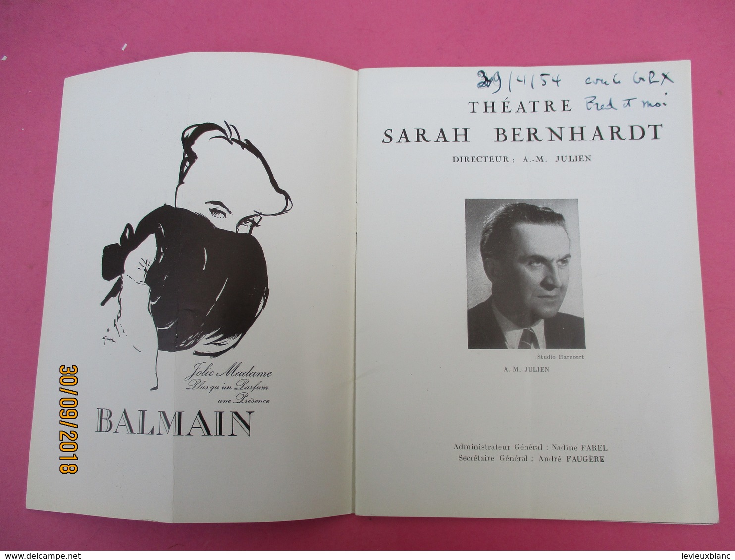 Théatre Sarah BERNHARDT/ KEAN Alexandre Dumas/ JP Sartre/Pierre BRASSEUR/Claude GENSAC /29 Avril 1954      PROG192 - Programmes