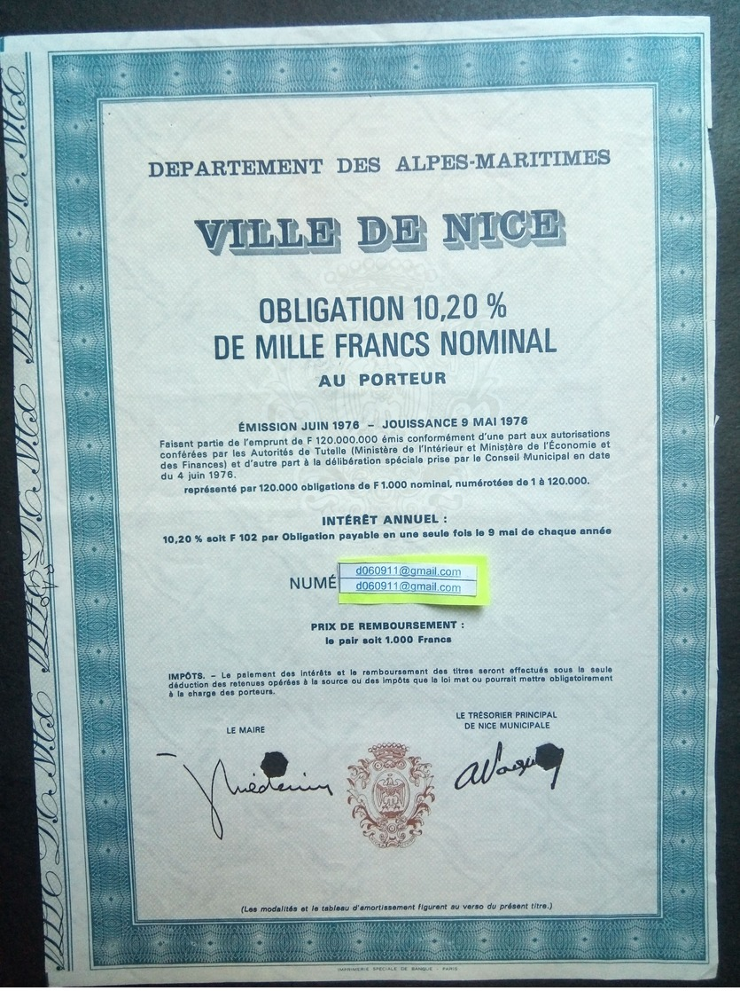 1 Dep Des Alpes-Maritimes Ville De NICE Obligation 10,20 % De 1000 F, 1976 ( Annulé) - Autres & Non Classés