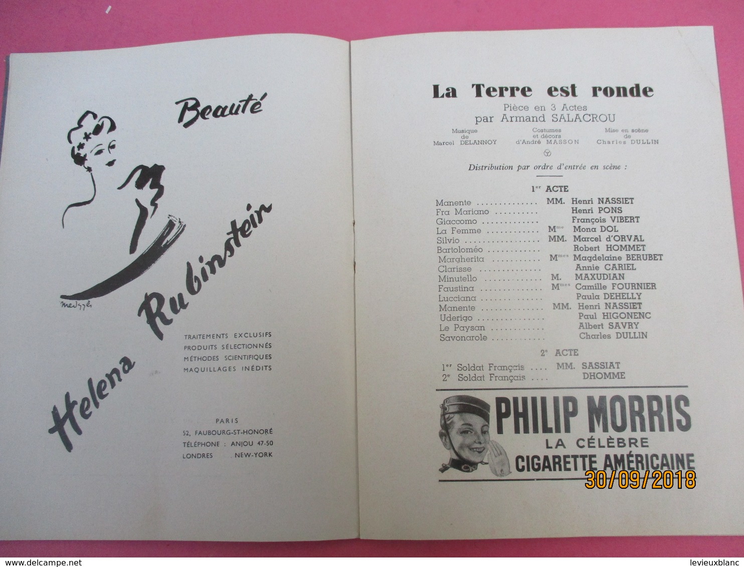 L'Atelier/Théatre Charles DULLIN/La Terre Est Ronde/Armand SALACROU/Mouloudji/Primaquatre RENAULT/1939      PROG193 - Programmes