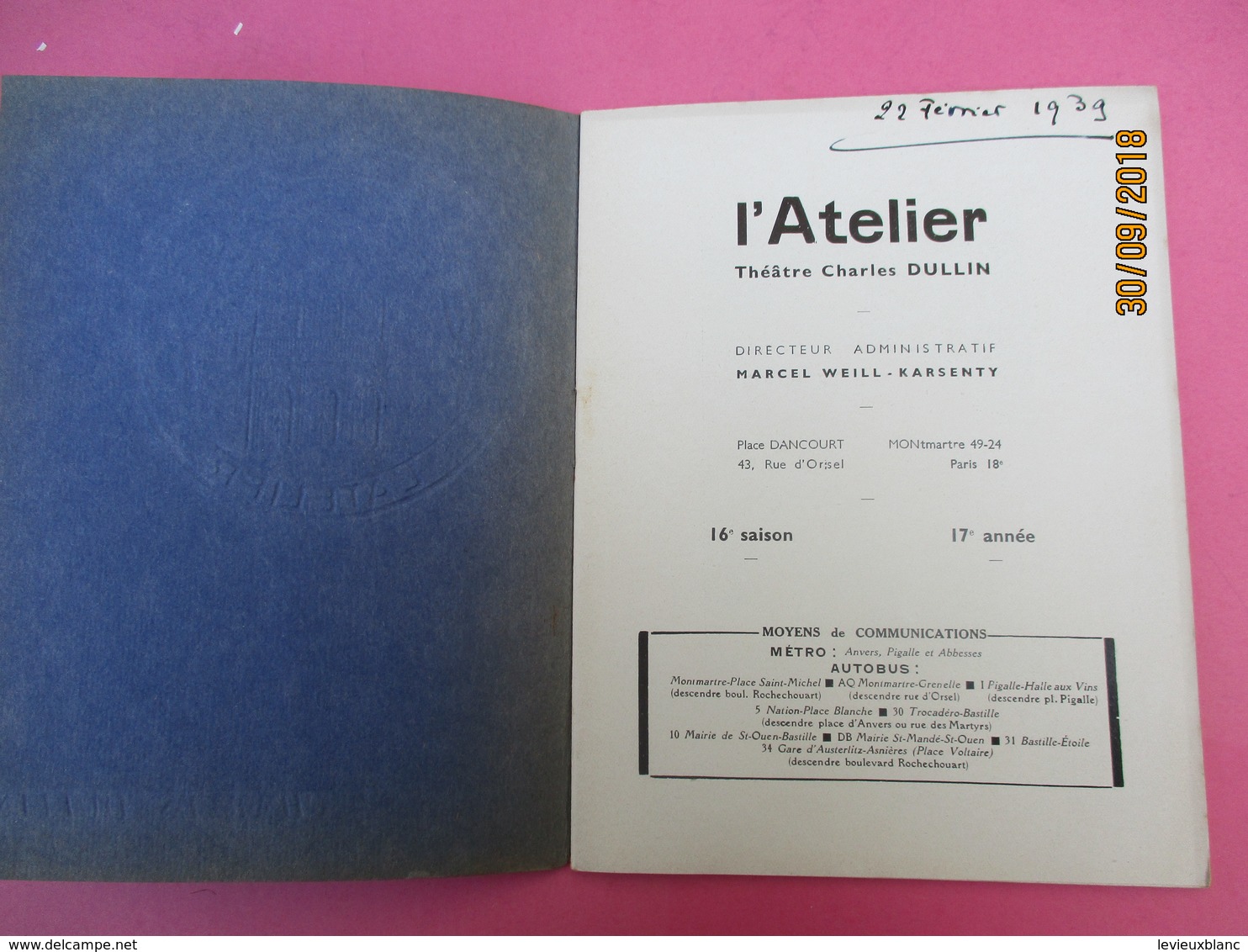 L'Atelier/Théatre Charles DULLIN/La Terre Est Ronde/Armand SALACROU/Mouloudji/Primaquatre RENAULT/1939      PROG193 - Programme