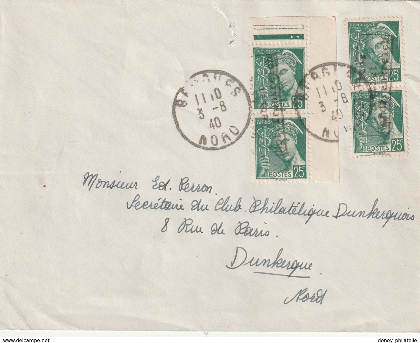 France Guerre Dunkerque Coudekerque N 1 (dallay ) Tirage 800 Sur Letttre De Bergues Du 3 8 1940 RRR - Guerre De 1939-45