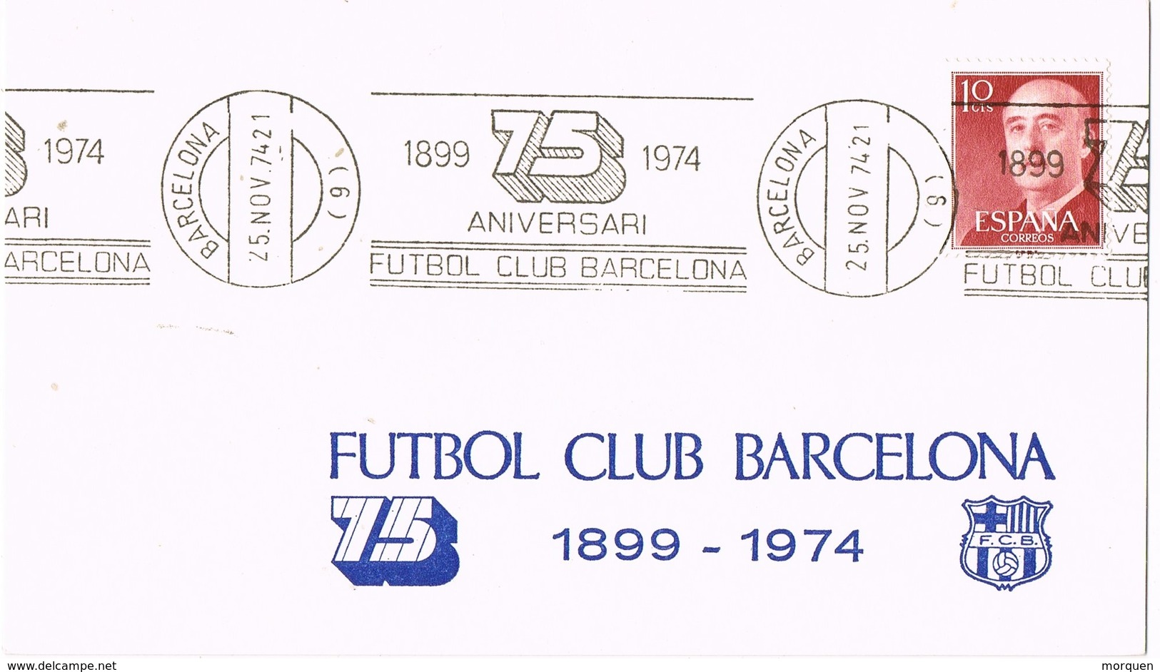 30081. Tarjeta BARCELONA 1974. Exposicion BARÇA Futbol. 75 Aniversario - Cartas & Documentos