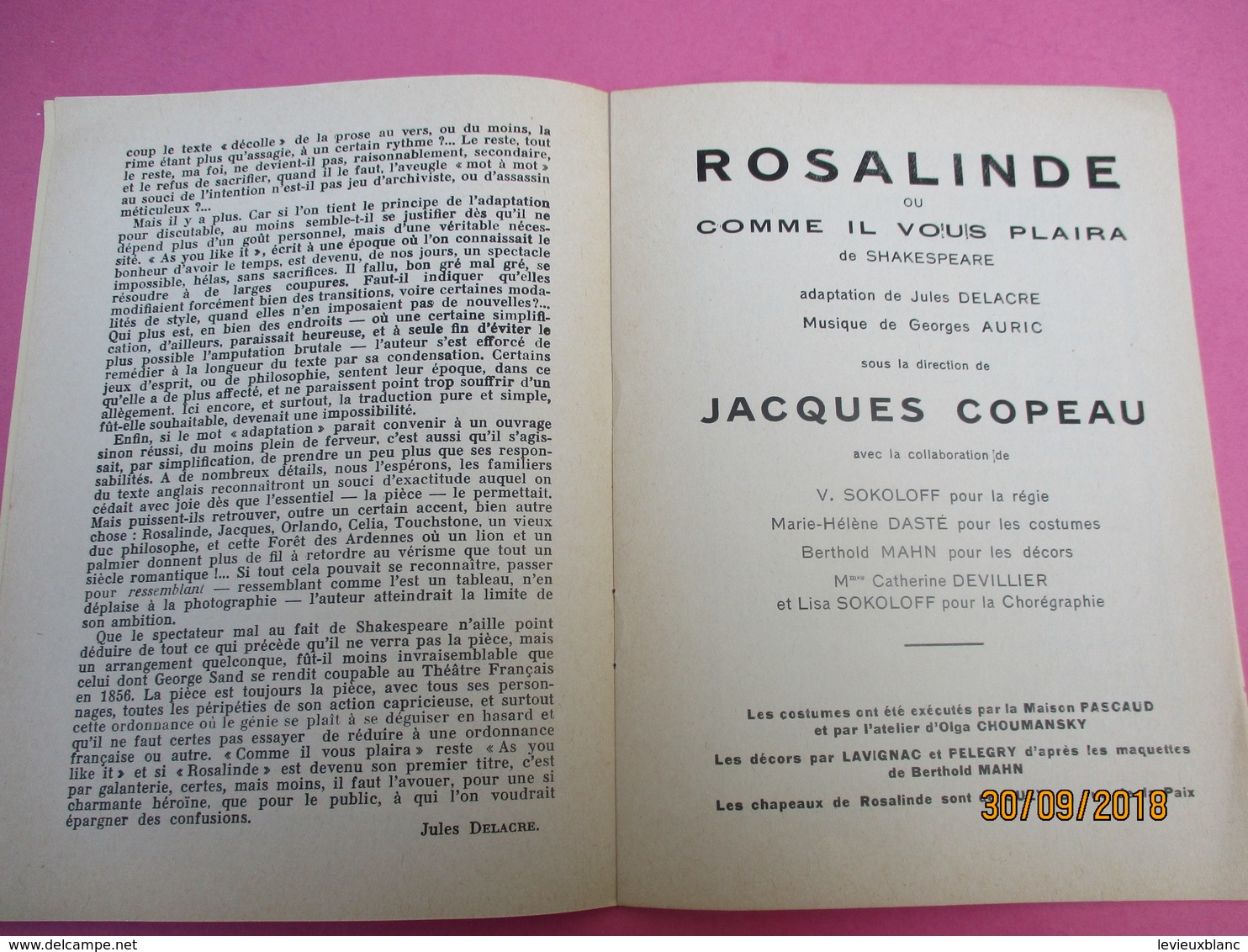 L'Atelier/Charles DULLIN/Rosalinde Ou Comme Il Vous Plaira/ SHAKESPEARE/ Vital/ JL Barrault/1934-35     PROG194 - Programmes