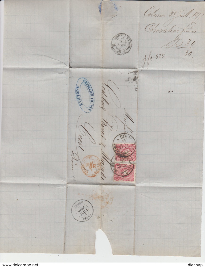 Sur Lettre Deux Timbres Empire 10 Pf. Rose Carmen. CAD Colmar 1877 Alsace Occupée. (715) - Autres & Non Classés