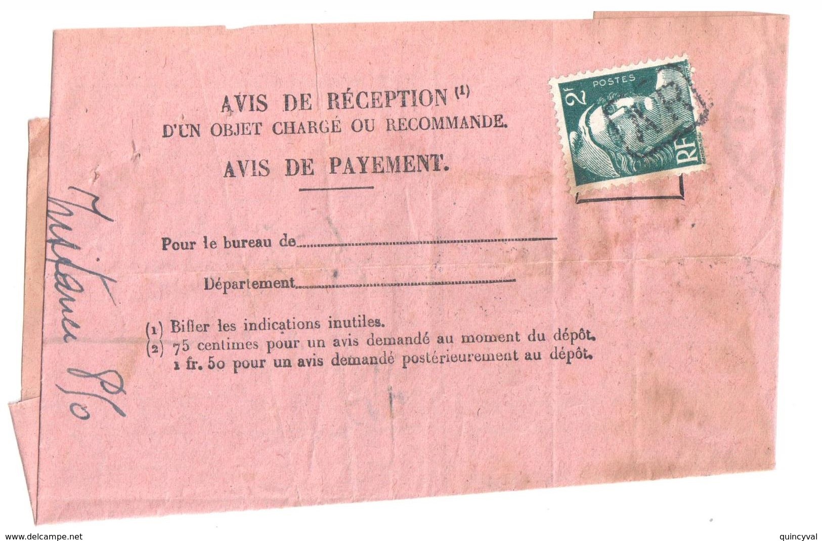 PARIS Avis Réception Formule Télégramme 514 Ob 22 9 1945 2 F Gandon Vert Yv 713 Ob AR - Lettres & Documents