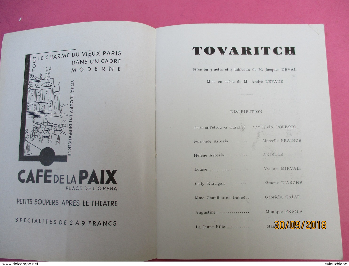 Théatre De PARIS/Volterra/Tovaritch/Jacques DEVAL/Elvire Popesco/Mirval/Renault/Delage/Chenard/Saison 1933-1934  PROG195 - Programma's