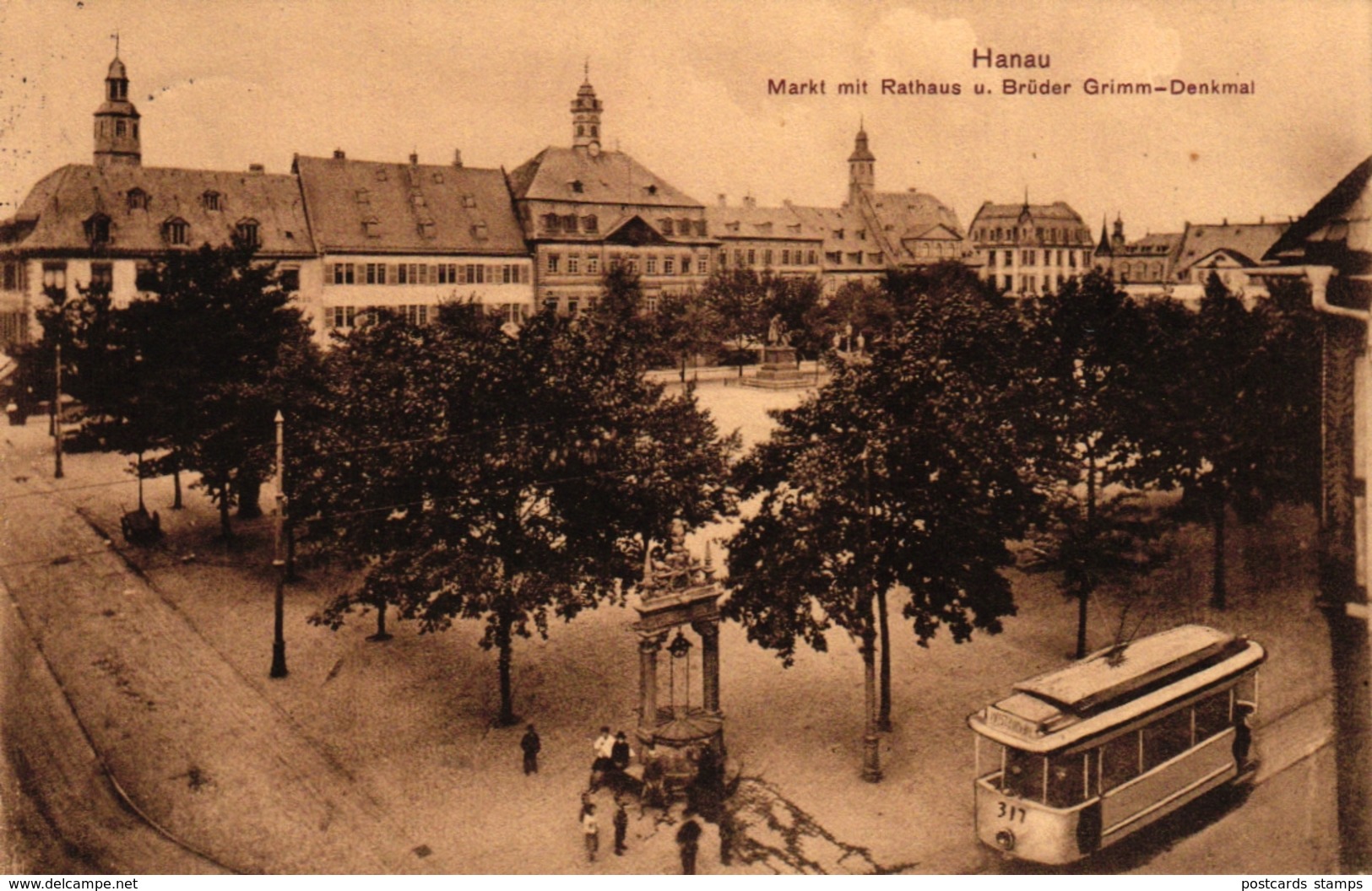 Hanau, Markt Mit Rathaus, Gebrüder Grimm Denkmal Und Strassenbahn, 1912 Nach Nidda Versandt - Hanau