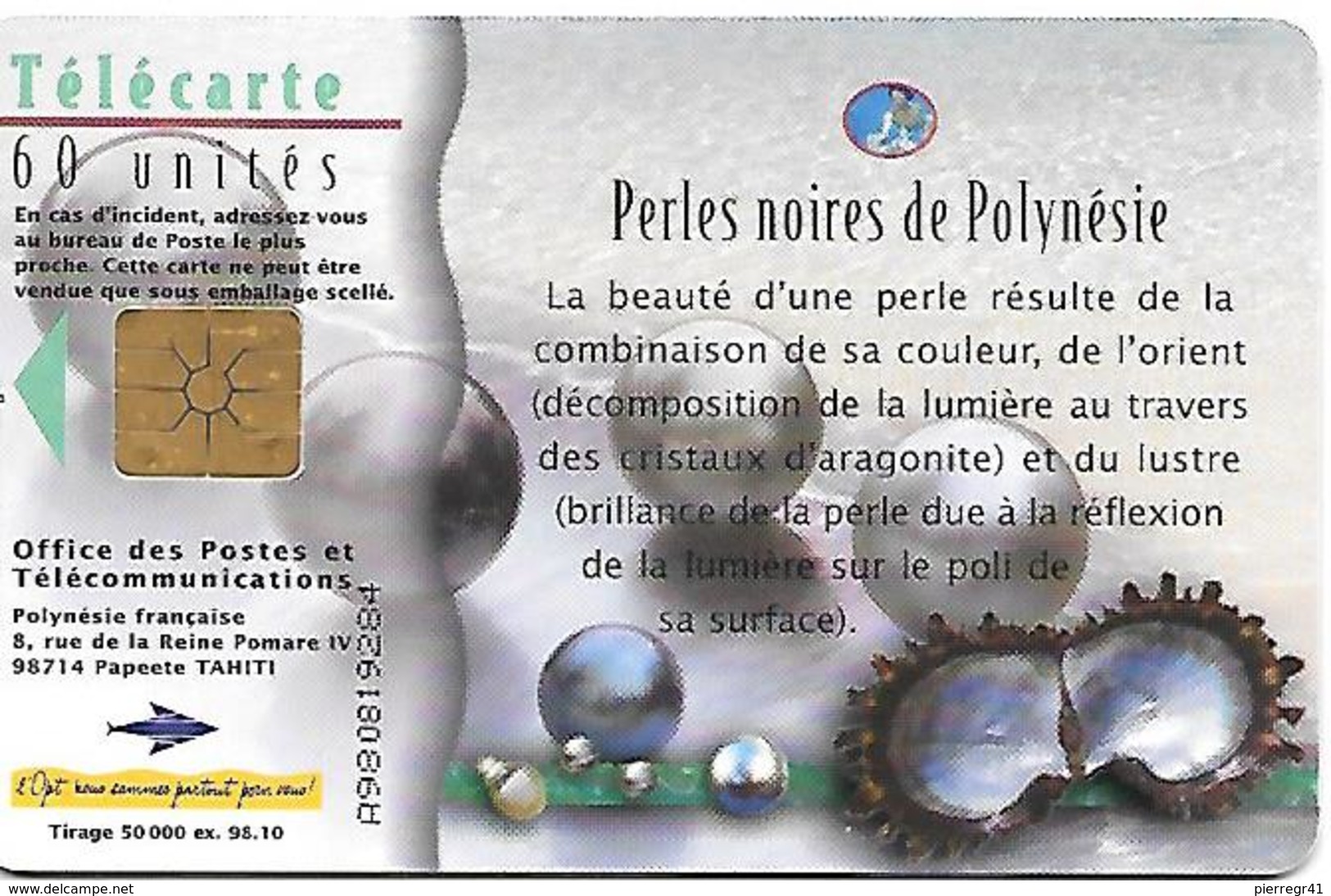 CARTE PUCE-POLYNESIE-PF79-10/98-GEM-B-60U-PERLES NOIRES -NACREES-TBE- - French Polynesia