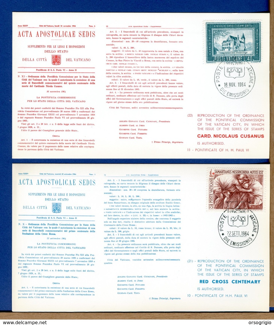 VATICANO - 1964 - ACTA APOSTOLICAE SEDIS - Cartoline I° Giorno Simili Ai Bollettini Ministeriali - Variétés & Curiosités