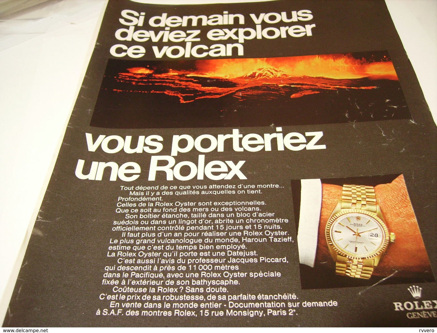 ANCIENNE PUBLICITE MONTRE ROLEX  ET VOLCAN 1969 - Autres & Non Classés