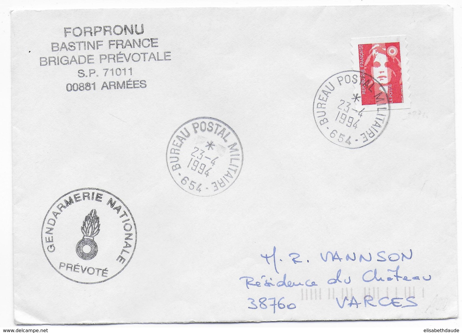 1994 - GENDARMERIE En BOSNIE - ENVELOPPE Du BPM 654 - Cachets Militaires A Partir De 1900 (hors Guerres)