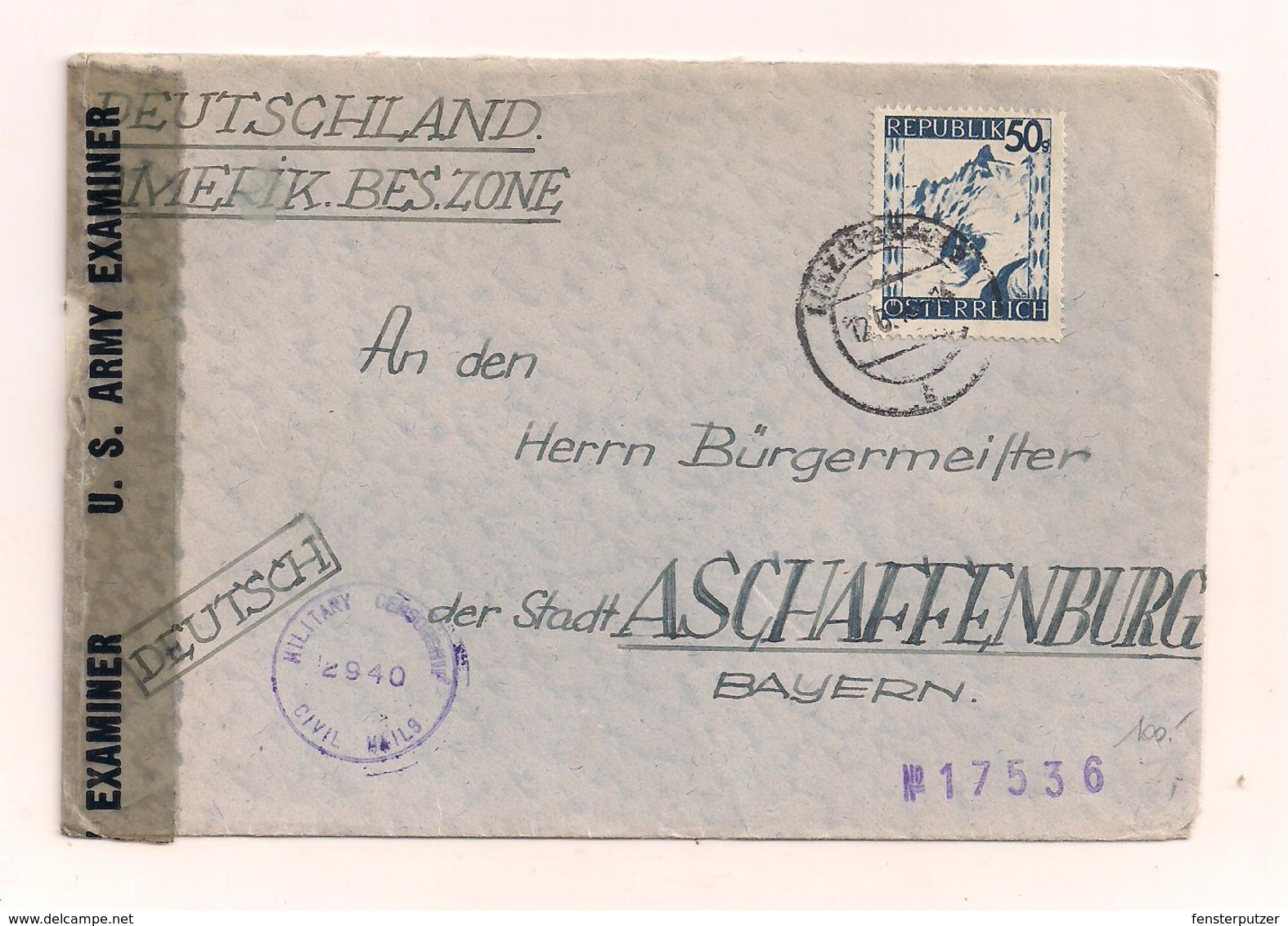 Brief Ohne Inhalt 12.6.1945? Von Linz Nach Aschaffenburg - Mit Zensurstempel - Briefe U. Dokumente