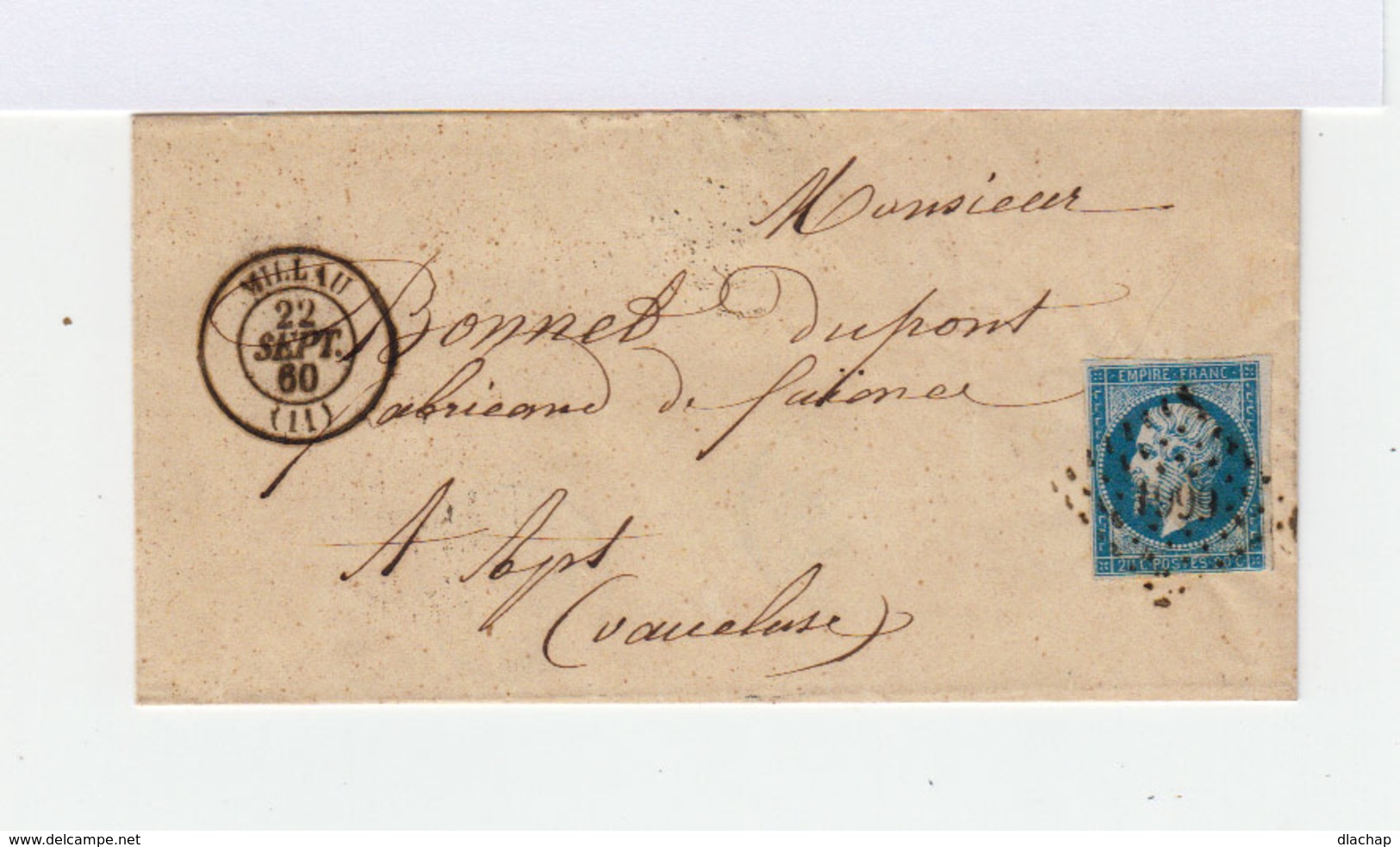 Sur Lettre Second Empire Type I 20 C. Bleu. Oblitération Losange. CAD Millau 1860. (721) - 1849-1876: Période Classique