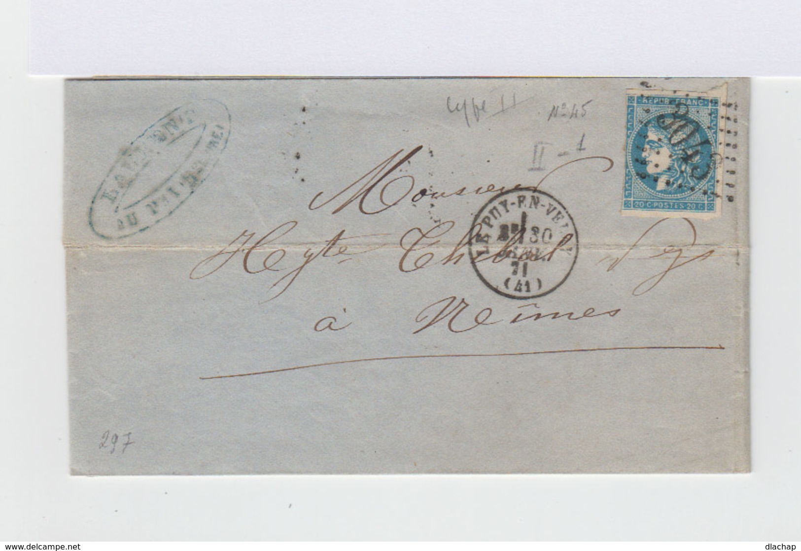 Sur Lettre Type Céres 20 C. Bleu Type II Report I. Oblitération Losange.CAD Le Puy 1871. (722) - 1849-1876: Période Classique