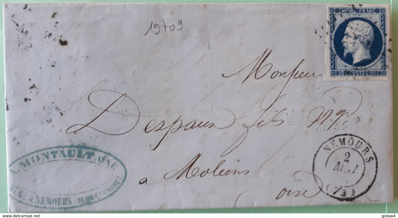 19709# SEINE ET MARNE LETTRE Obl PC NEMOURS 1857 T15 Pour MOLIENS OISE FORMERIE Au Dos - 1849-1876: Période Classique