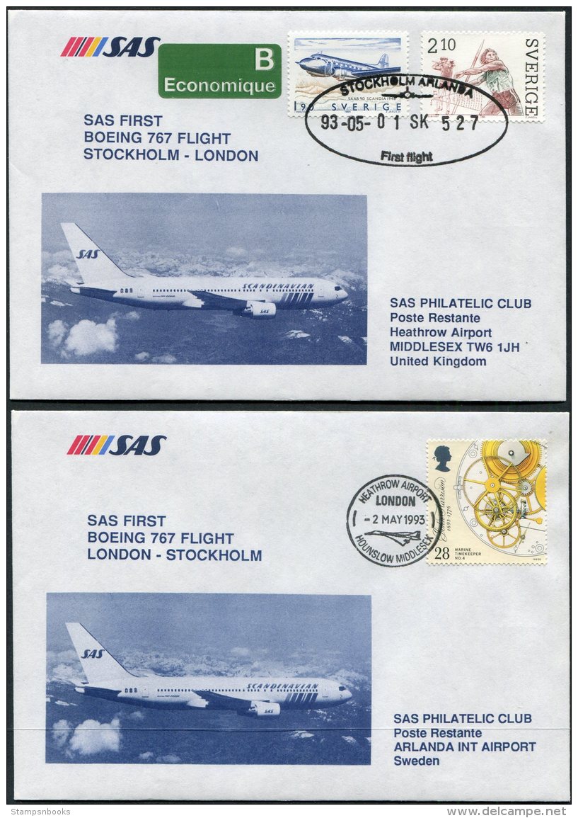 1993 Sweden GB SAS First Flight Covers (2) Stockholm / London - Covers & Documents