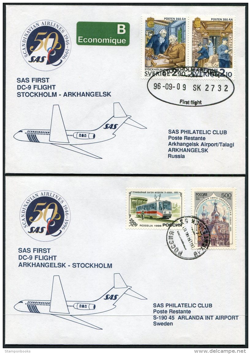 1996 Sweden Russia SAS First Flight Covers (2) Stockholm /Arkhangelsk, Slania - Covers & Documents