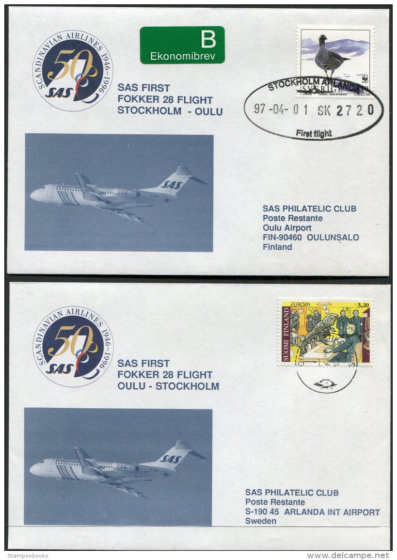 1997 Sweden Finland SAS First Flight Covers (2) Stockholm  / Oulu. Slania Europa WWF - Covers & Documents