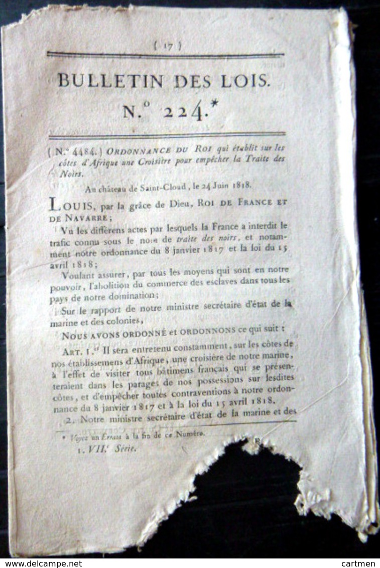 ESCLAVAGE TRAITE DES NOIRS CROISIERE POUR EMPECHER LA TRAITE DES NOIRS 1818 - Décrets & Lois