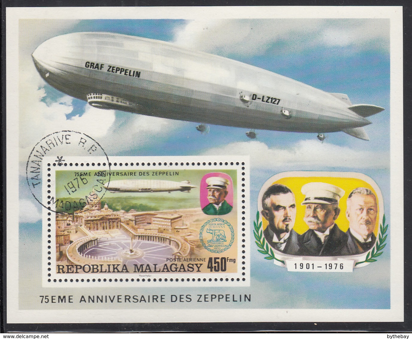 Madagascar 1976 Used Scott #C160 Souvenir Sheet Zeppelin, St. Peter's Cathedral - Madagascar (1960-...)