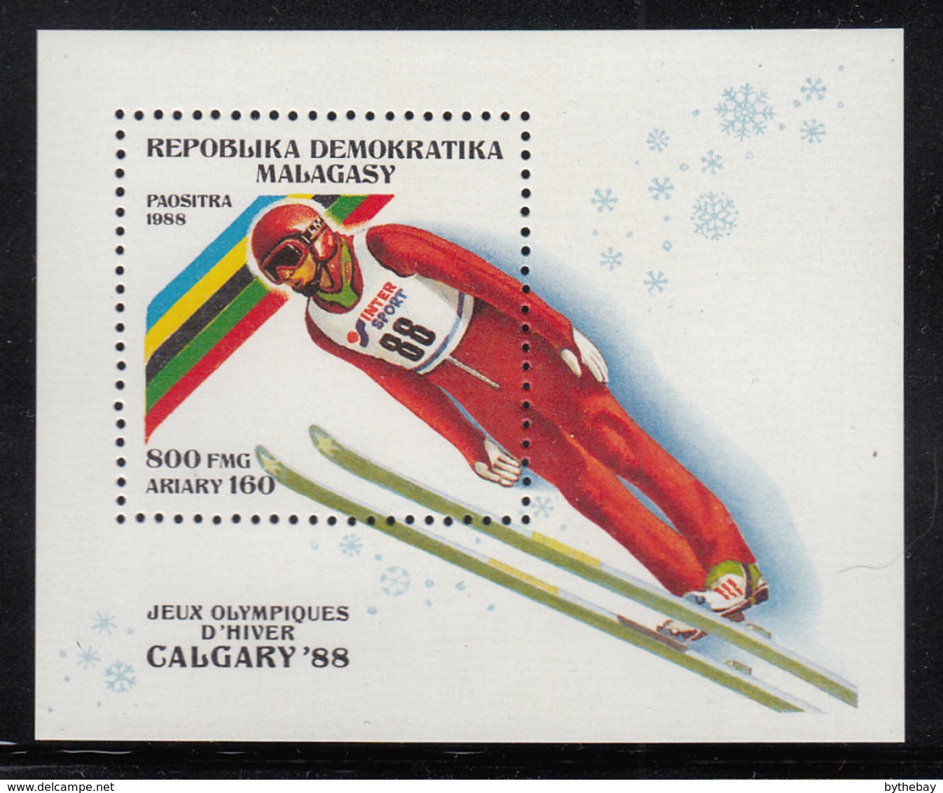 Madagascar 1988 MNH Scott #851 Souvenir Sheet 800fr Ski Jumping Calgary Winter Olympics - Madagascar (1960-...)