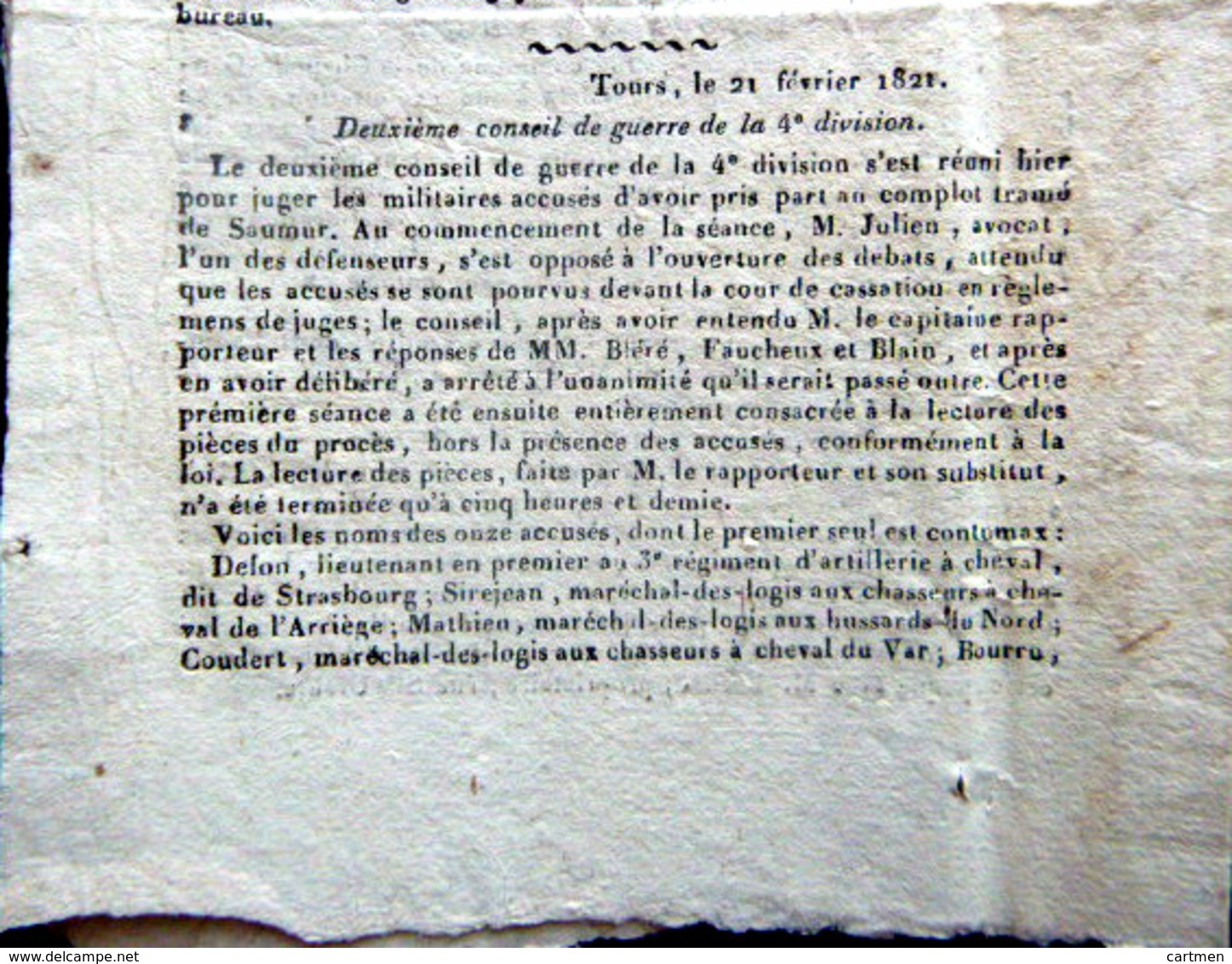 49 SAUMUR PROCES  CONSPIRATION D'OFFICIERS CONTRE LE ROI CARBONARI FRANCS MACONS 1822 HISTOIRE - Décrets & Lois