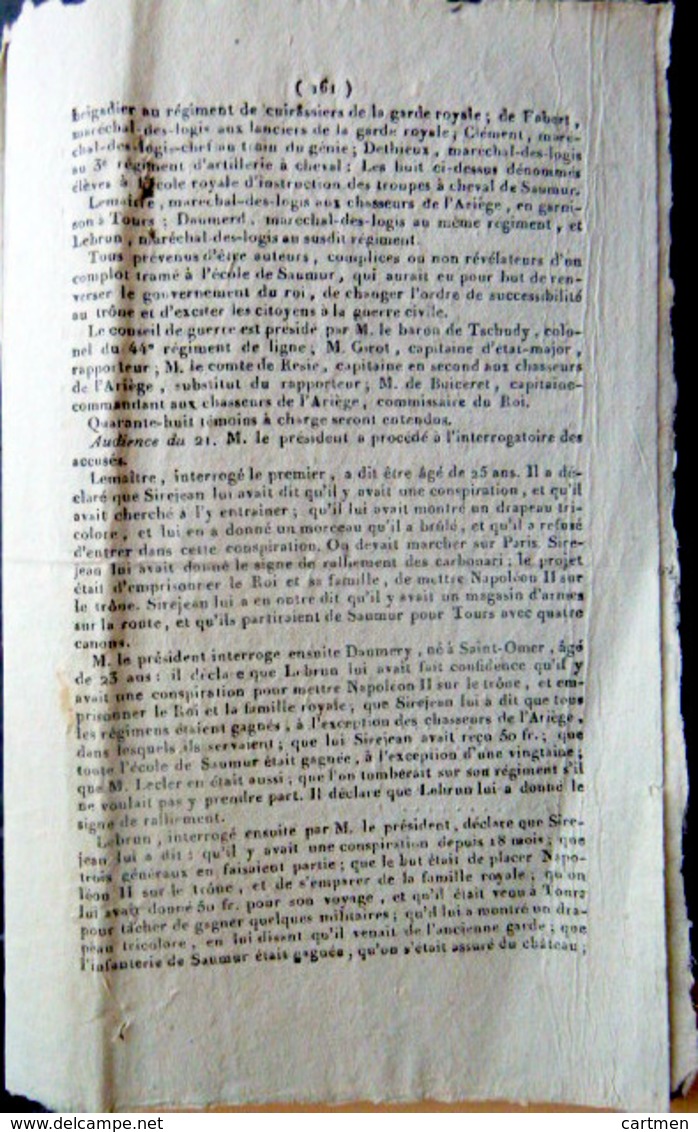 49 SAUMUR PROCES  CONSPIRATION D'OFFICIERS CONTRE LE ROI CARBONARI FRANCS MACONS 1822 HISTOIRE - Décrets & Lois