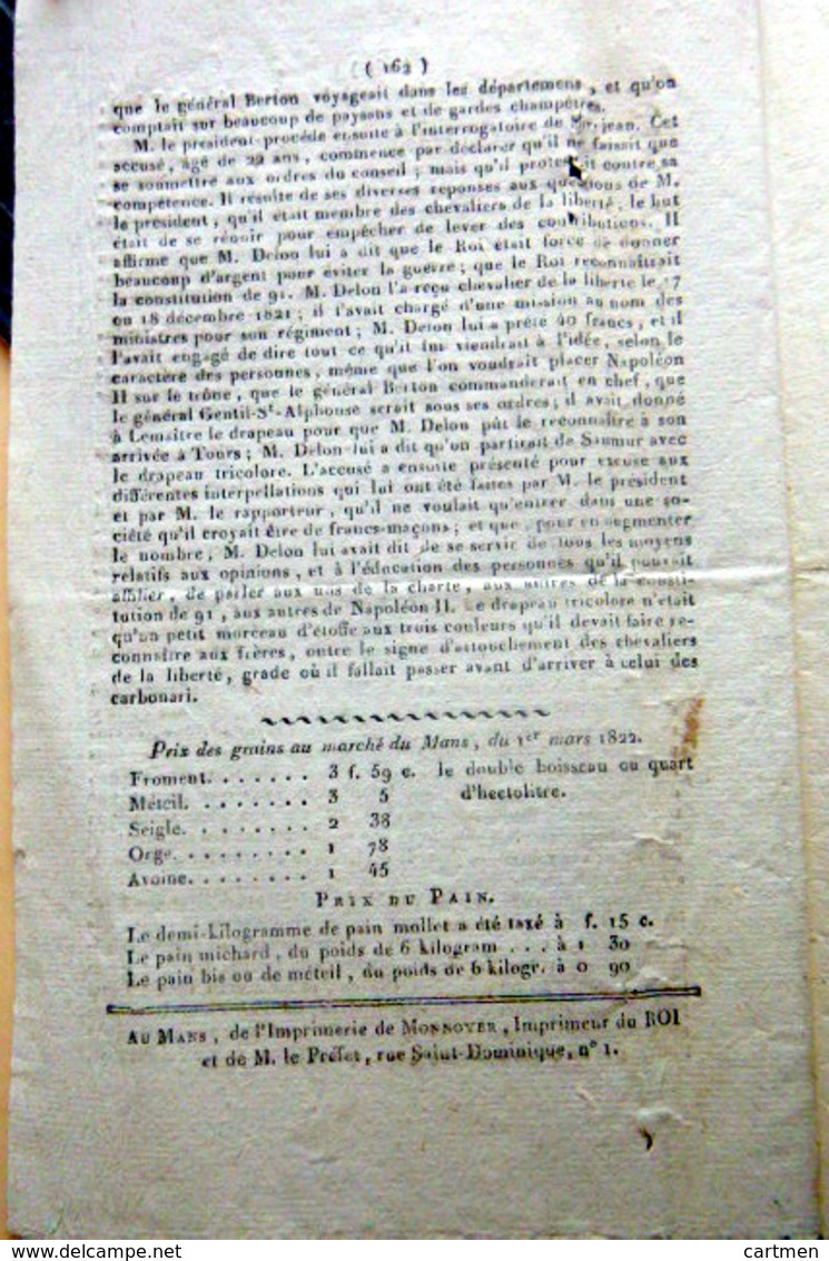 49 SAUMUR PROCES  CONSPIRATION D'OFFICIERS CONTRE LE ROI CARBONARI FRANCS MACONS 1822 HISTOIRE - Décrets & Lois