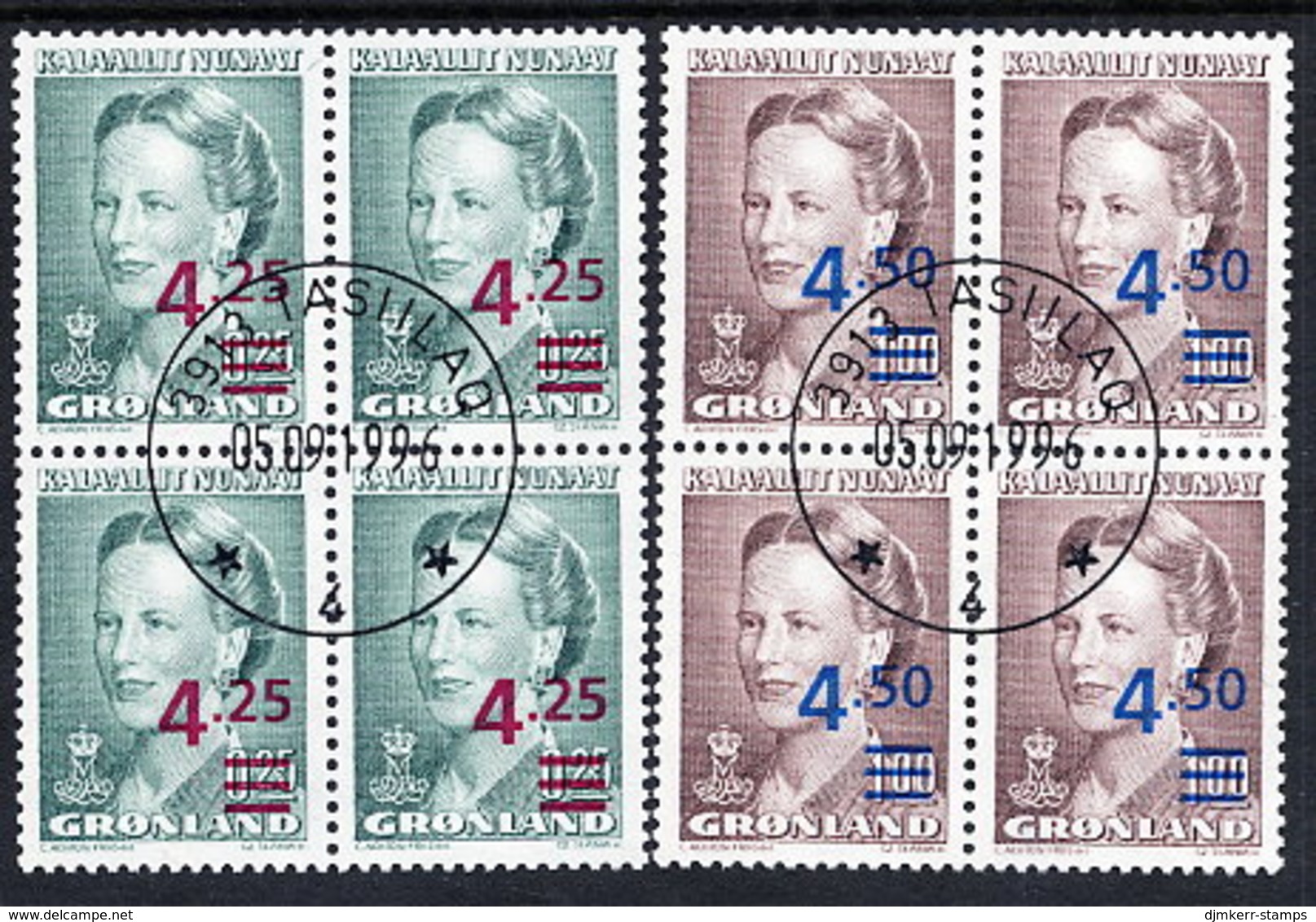 GREENLAND 1996 Surcharges In Used Blocks Of 4.  Michel 281-82 - Gebraucht