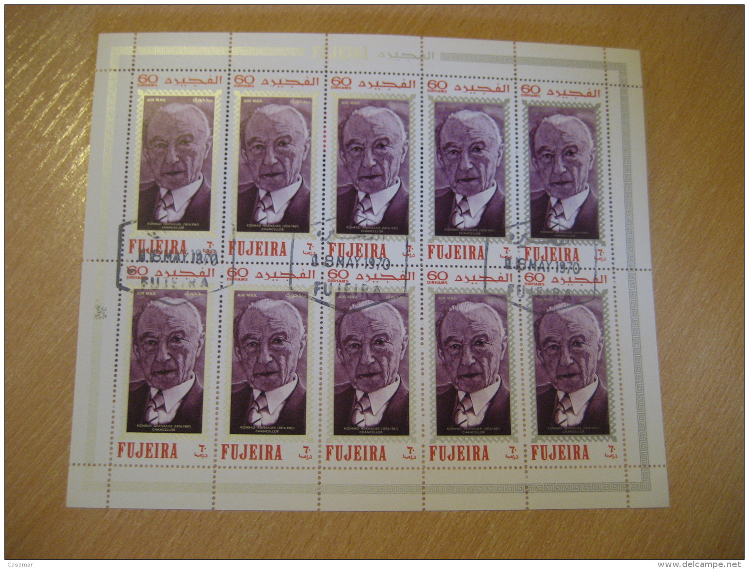 FUJEIRA 1970 Cancel Air Mail Bloc 10 Stamp Sheet KONRAD ADENAUER Chancellor - Autres & Non Classés