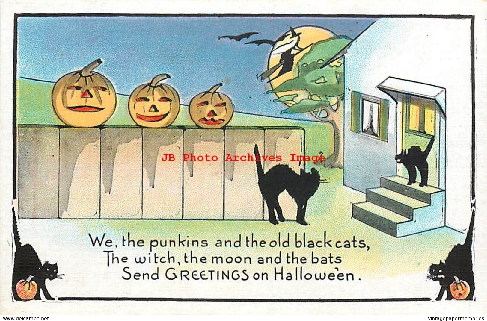 278001-Halloween, Metropolitan No 412a-3, Black Cats Watching Witch, Jack O Lanterns On Fence - Halloween