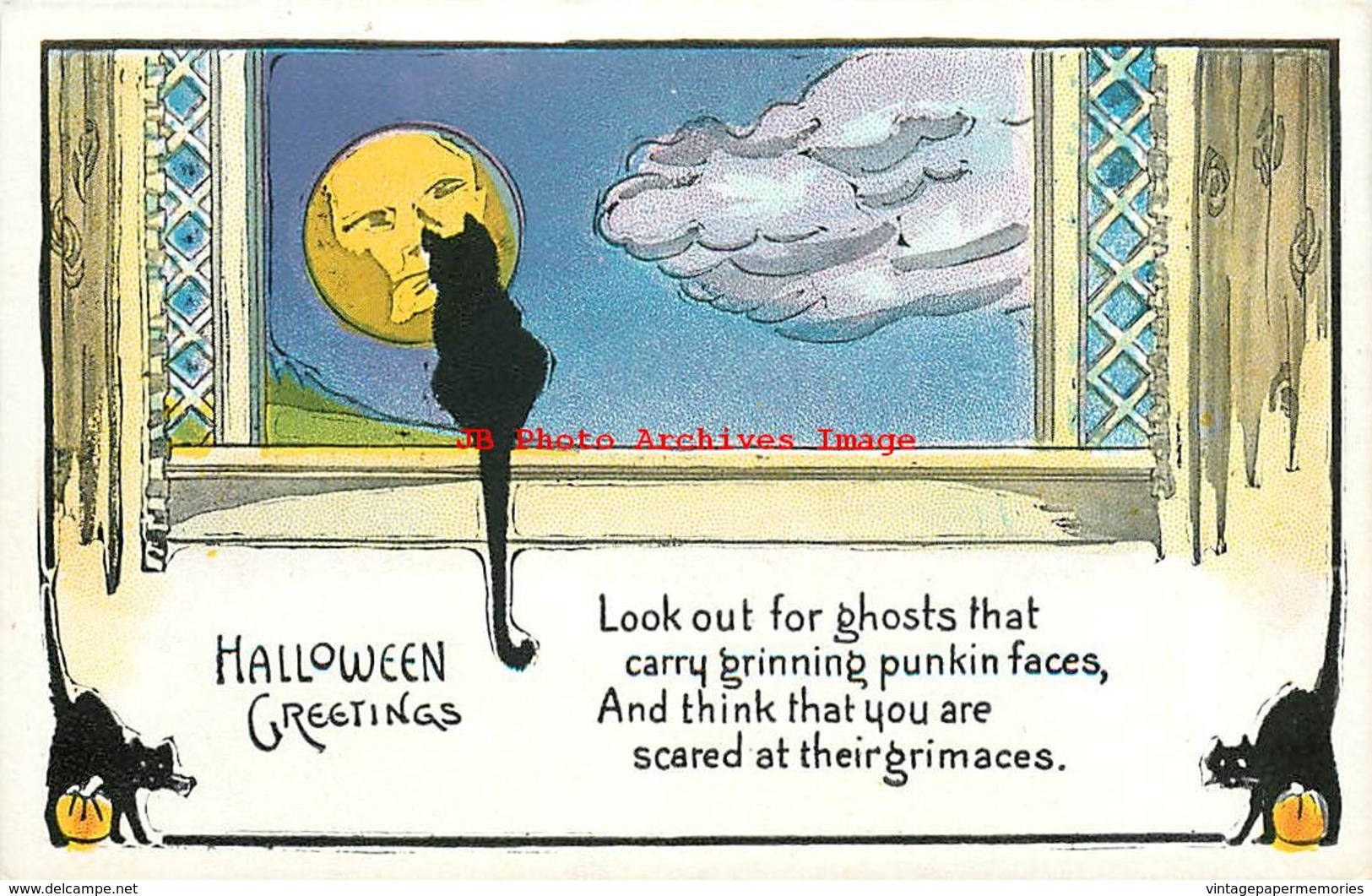 278005-Halloween, Metropolitan No 412a-2, Black Cat Looking Out The Window At Moon Face - Halloween