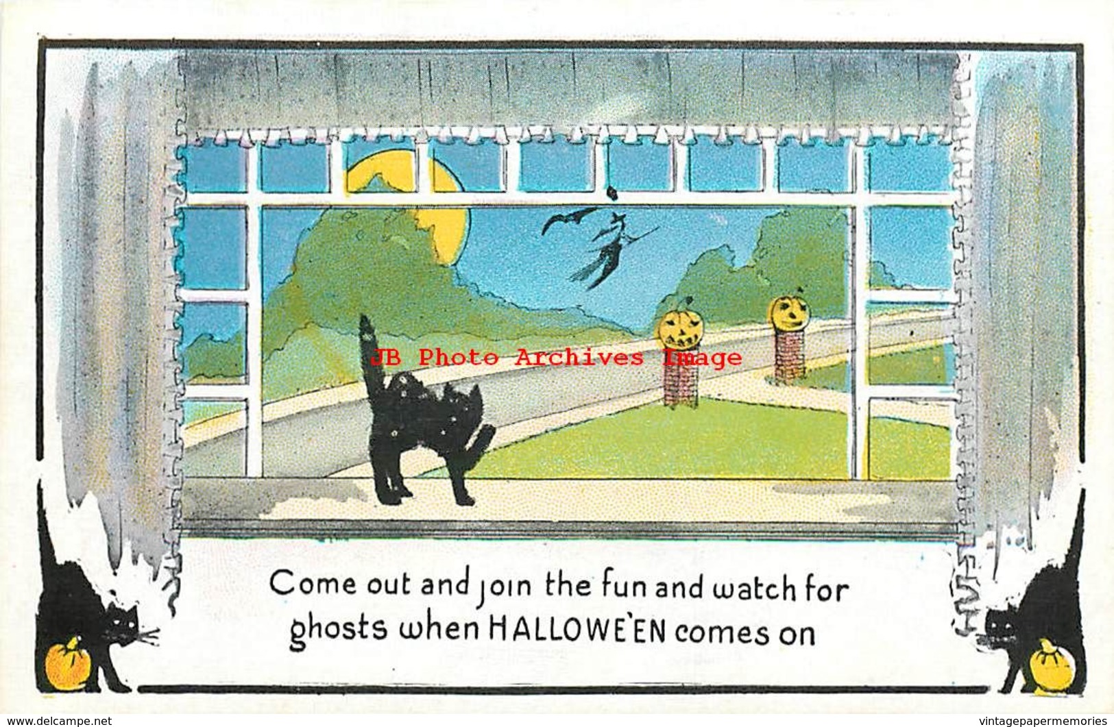 278015-Halloween, Metropolitan No 412a-6, Black Cat Waving At Flying Witch - Halloween