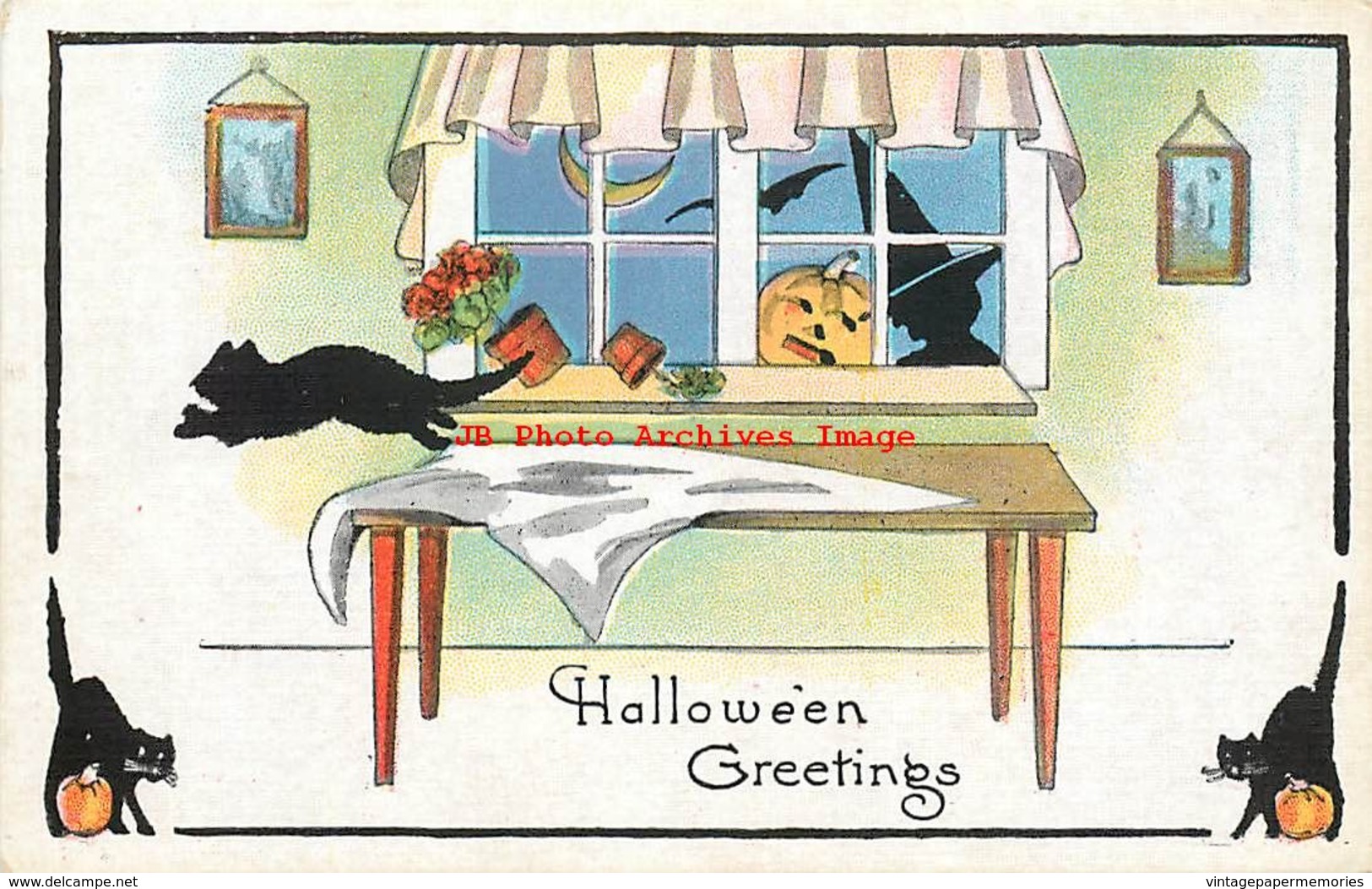 278023-Halloween, Metropolitan No 412a-5, Black Cat Scared By Witch With JOL At The Window - Halloween