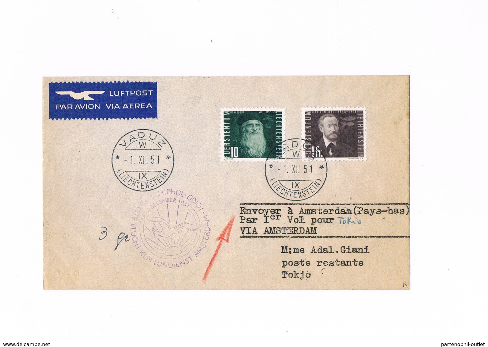 Liechtenstein - KLM First Flight - Vaduz Via Amsterdam - Tokyo - 1951 - Posta Aerea