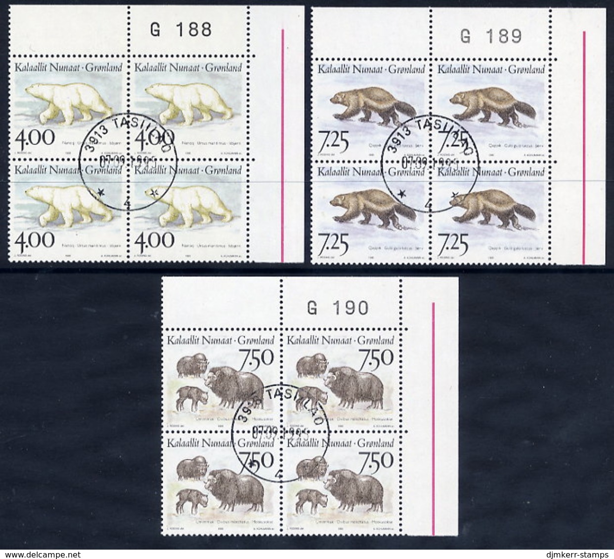 GREENLAND 1995 Mammals III In Used Corner Blocks Of 4.  Michel 274-76 - Oblitérés