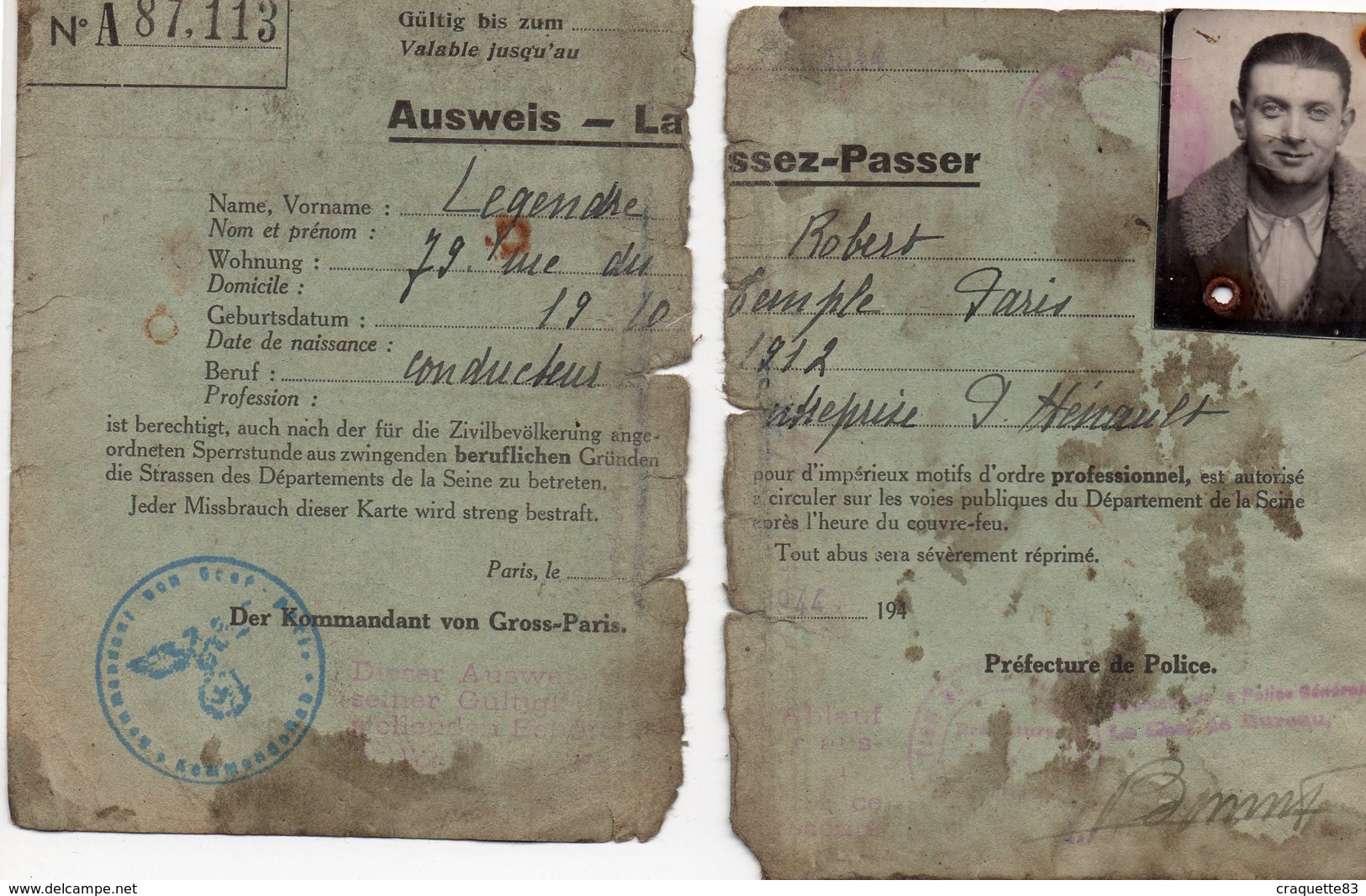 AUSWEIS-LAISSEZ-PASSER  N° A87.113  1944 PARIS - Documents