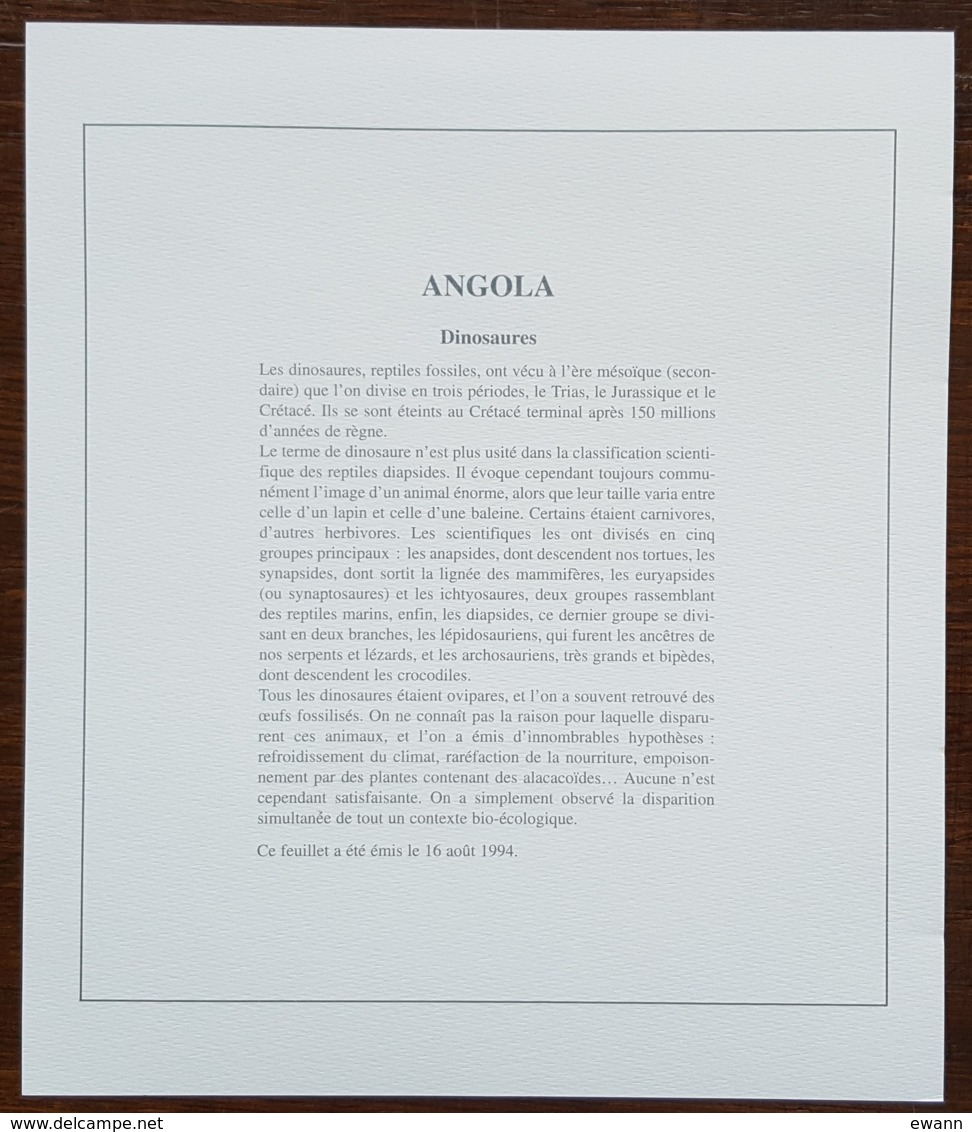 Angola - YT BF N°17 Sur Document - Faune Préhistorique - Neuf - 1994 - Angola