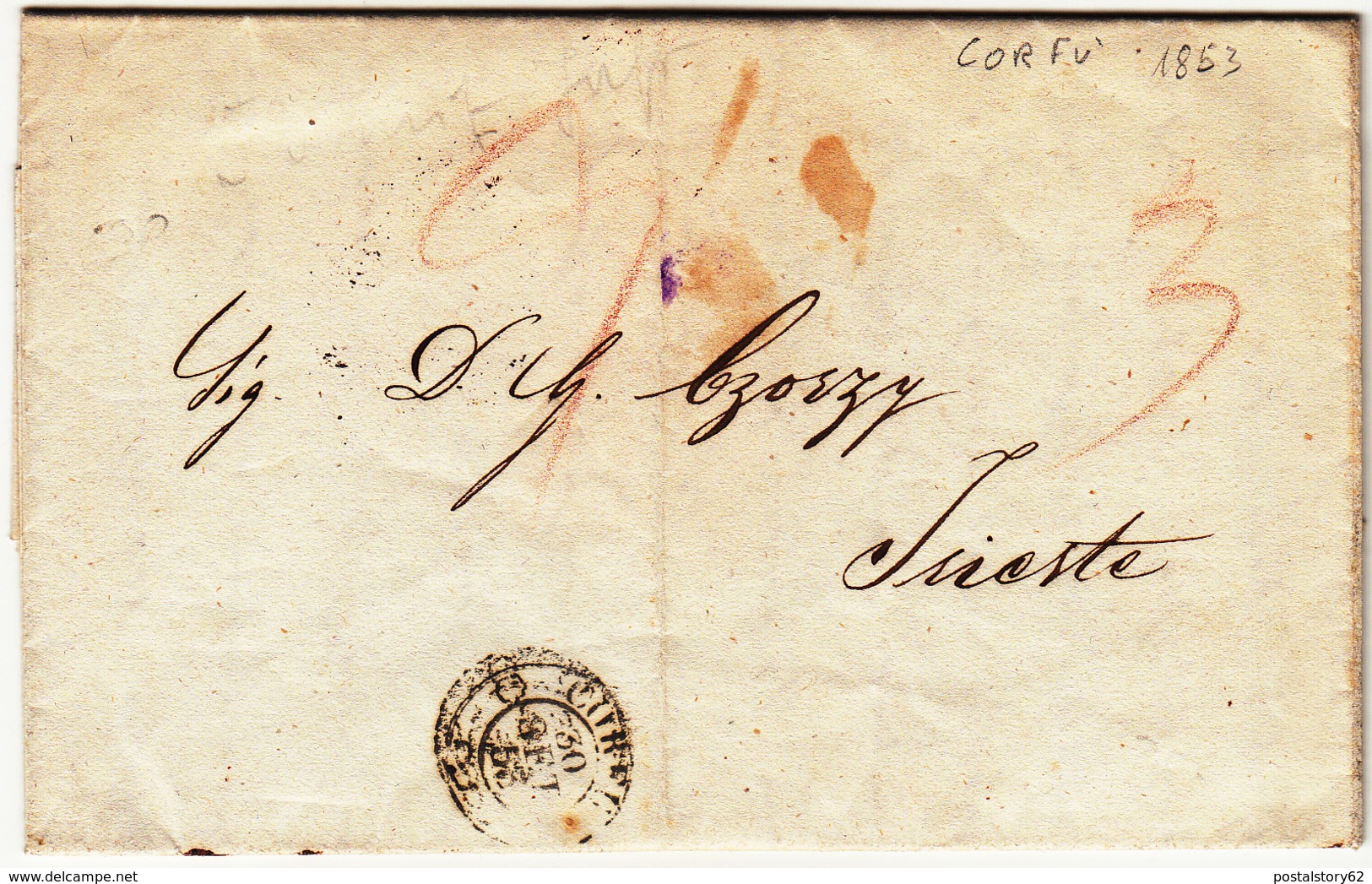 Prefilatelica, Corfù Per Trieste, Lettera Con Contenuto In Greco. Tasse In Sanguigna 30 Settembre 1853 - ...-1861 Vorphilatelie